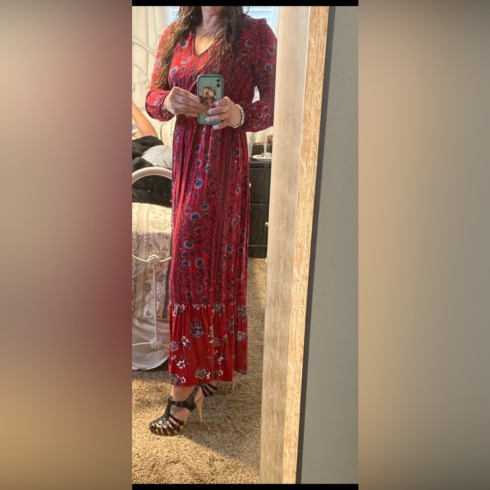 Cottagecore Elegant Red Floral Maxi Dress